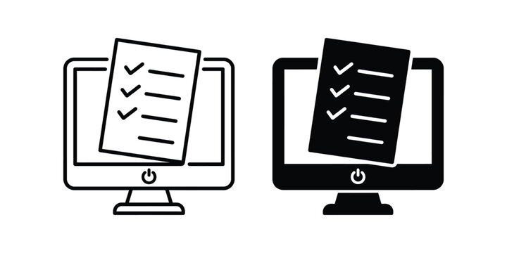 Online checklist on computer screen vector icon set