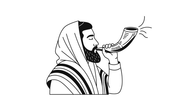 A detailed pen-and-ink vector illustration of a bearded Jewish man in a tallit blowing a shofar, featuring symbolic Star of David and pomegranate icons.