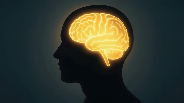 Silhouette profile of person (gender undetermined, ethnicity not identifiable) with glowing brain illustrating neuroscience