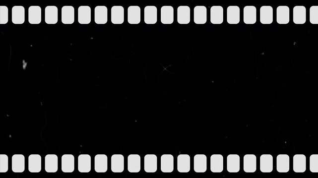 Grunge old filmstrip tape defects overlay with scratches, dust particle and old damaged overlay 4K video resolution on black background.