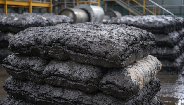Medium shot of stacked sludge cakes from belt press area showcasing texture and volume with foreground detail and soft background.