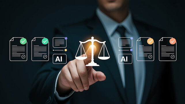 Professional businessman interacting with artificial intelligence platform to evaluate legal paperwork and regulatory standards with digital precision for fairness and ethics.