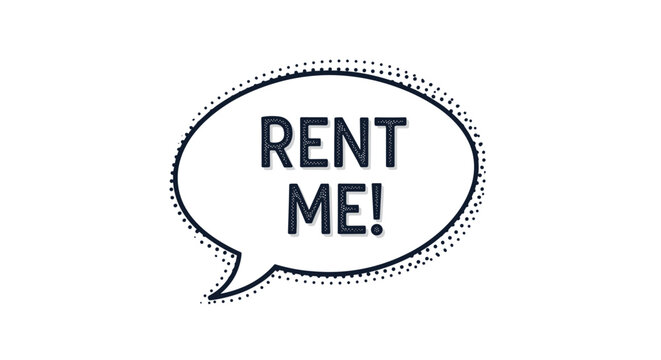 Speech bubble with the words rent me written in dark blue text with a dotted border design on a plain white background.