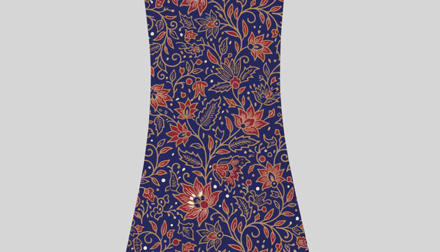 Traditional Indonesian batik pattern with red floral motifs and gold vine designs on a dark navy blue background, shown as a vertical curved textile panel on a neutral gray background.