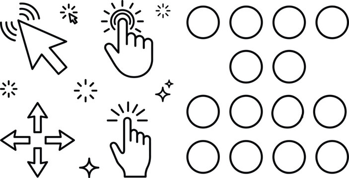 Website navigation cursor icon set with mouse pointer hand click finger tap arrow buttons and user interface elements