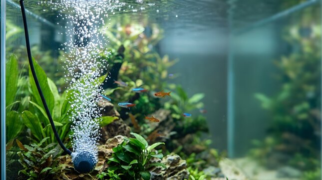 Small neon tetra fish swimming in an aquarium with oxygen bubbles