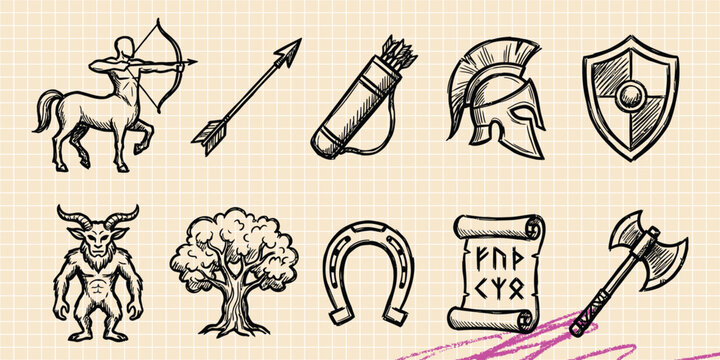 Black ink scribble doodle vector vintage hand drawn set of archery weapon bow arrow focus target aim and business goal
