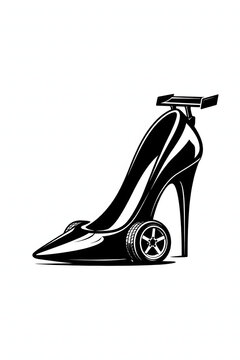 High heel shoe with racing wheels and spoiler concept vector illustration for fast fashion and women power