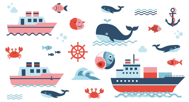 Large set of cute nautical illustrations including whales, ships, crabs, fish, anchors, and waves in a soft blue and coral palette.