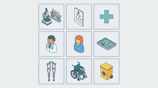 Collection of isometric medical icons representing healthcare services and equipment.
