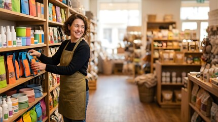 Naklejka premium Smiling woman store clerk organizing supplies on shelves in a pet shop