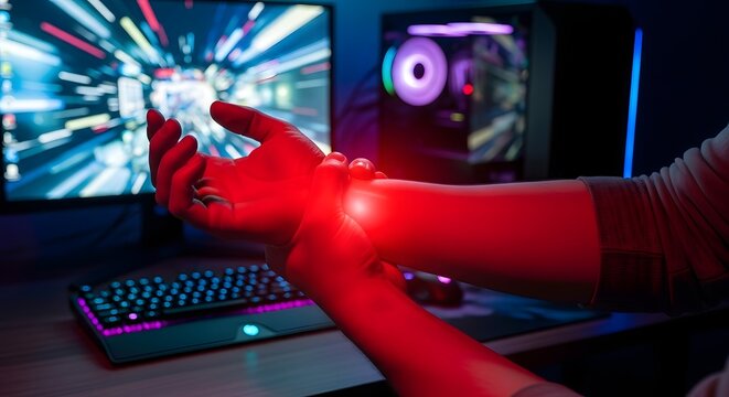 Gamer's painful wrist glowing red, symbolizing carpal tunnel syndrome or repetitive strain injury from prolonged computer use.