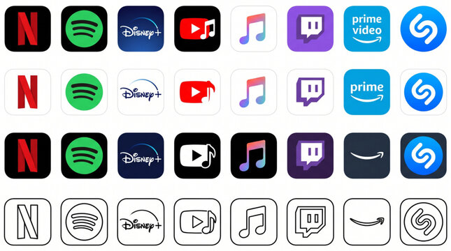 Popular media streaming app icons logo set. Netflix, Spotify, Disney Plus, YouTube Music, Apple Music, Twitch, Amazon Prime Video, Shazam logos in flat, dark, white and outline styles for UI UX design