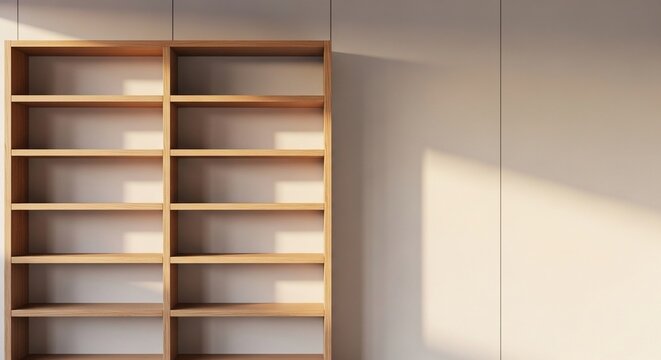 Minimalist wooden bookshelf against a plain wall with natural sunlight.