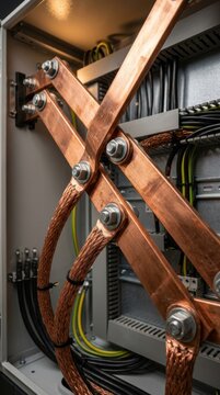 Industrial electrical cabinet interior with copper busbars and braided grounding cables
