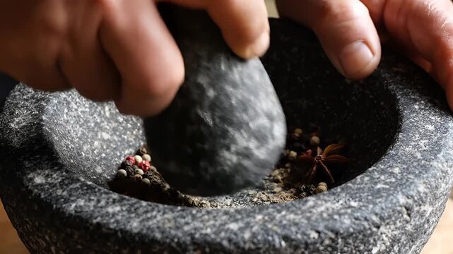 Closeup of hands grinding spices in a stone mortar and pestle 2.