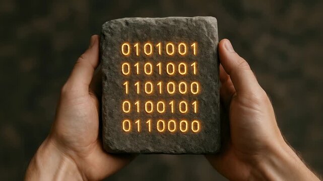 Rough stone block held by two human hands, glowing orange binary digits etched across its surface