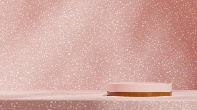 looping seamless shadow animation with terrazzo pattern wall, 3d video rendering blank mockup of pink and wood texture podium