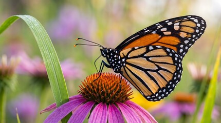 Obraz premium Monarch butterfly perched on a purple echinacea flower in a summer garden