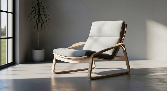 Modern minimalist armchair with wooden frame and white cushion in a bright living room.