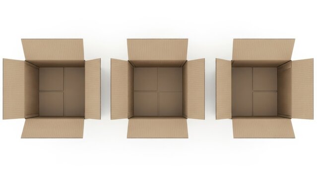 Three open cardboard boxes isolated on white background