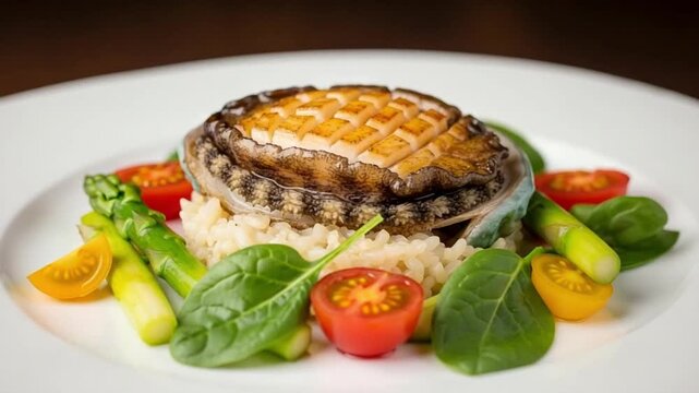 Gourmet Cooked Abalone Served on Creamy Risotto with Fresh Asparagus and Cherry Tomatoes for Fine Dining Restaurant Menu or Luxury Seafood Culinary Concept