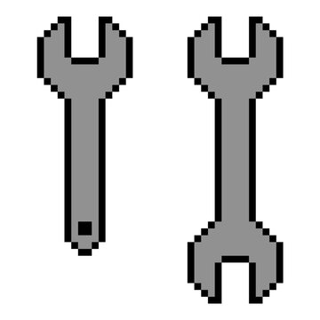 Set editable pixel wrench vector. Ideal for gaming interfaces, symbolizing tech support items, retro maintenance systems, digital repair tools, and hardware fix mods.