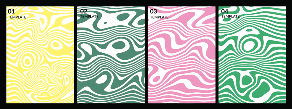 Abstract trippy fluid liquid wave line pattern background template set, A modern abstract set featuring vibrant fluid wavy lines. Vector illustration.