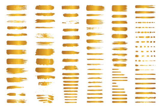 Golden brush stroke underlines and dividers vector set. Luxury gold paint horizontal lines, thick smears, and dashed borders isolated on white background.