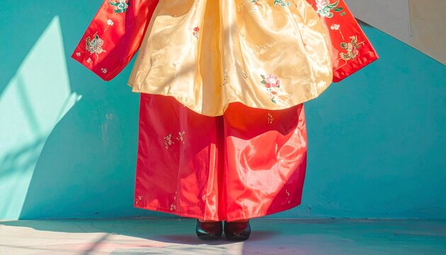Close-up of a woman wearing a traditional Korean hanbok featuring red sleeves, golden yellow jeogori vest and green chima skirt made of shiny silk with delicate floral embroidery. 
