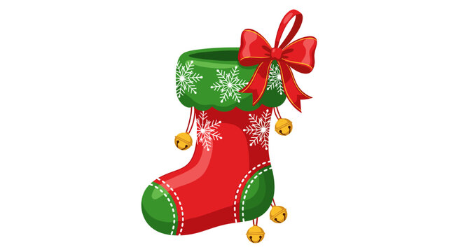 Christmas stocking with red bow and bells on white background