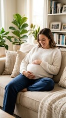 Fototapeta premium Pregnant woman sitting on a cozy couch at home, gently holding her baby bump and smiling, lifestyle photography