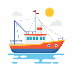 Fototapeta premium Flat illustration of a colorful fishing boat on water