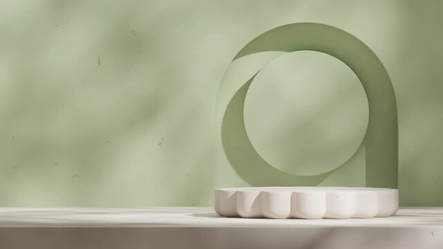 white pillar podium seamless shadow animation looping with pistachio green wall, 3d render footage scene template
