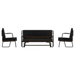 Fototapeta premium Front view of walnut living room set with sofa, coffee table, and cabinet highlighting refined structure and sleek styling.