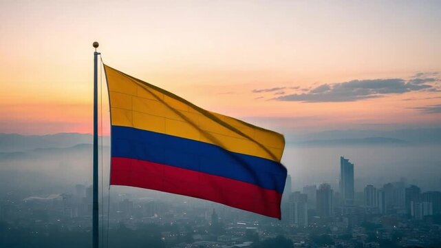 Colombian flag waving over a misty city skyline at sunrise, representing national pride, South American government, patriotism, and urban development concepts for business