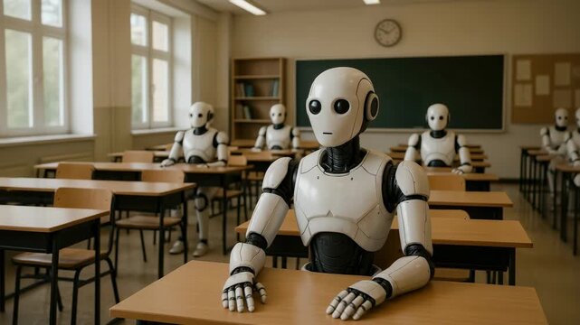 Humanoid robots sit at desks in classroom