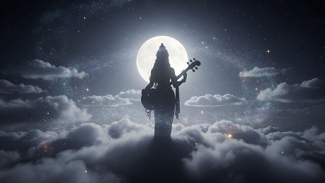 Silhouette musician plays guitar on clouds.