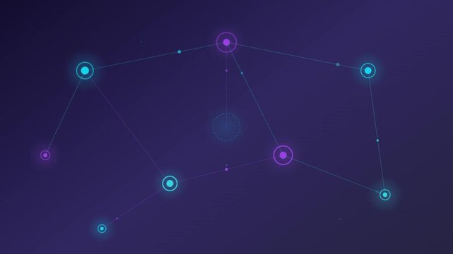 A digital illustration of a glowing constellation map with purple and blue stars connected by lines on a dark background