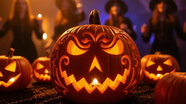 Spooky carved jackolantern pumpkin with glowing face and blurred witch silhouettes in background for Halloween party celebration and horror themed event decor