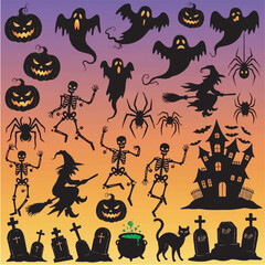 Fototapeta premium Halloween illustration with colorful background ghosts pumpkins witches and skeletons.