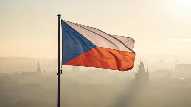 Czech Republic flag waving over a historic European city skyline in the morning mist, representing national pride, patriotism, and European travel concepts