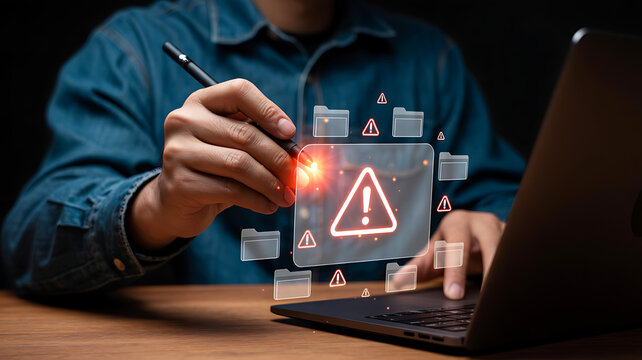 Person using stylus pen on virtual screen displaying emergency warning symbol and various data folders integrated with laptop computer for complex network security administration task.