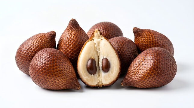 Fresh snake fruit or salak isolated on white background with whole and cut fruit, ideal for tropical fruit packaging, nutrition content, grocery design, and commercial food use.