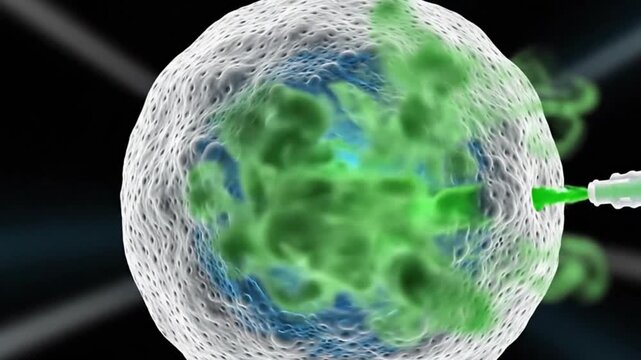A computergenerated image of a white cell with a green substance being injected into it on a black background