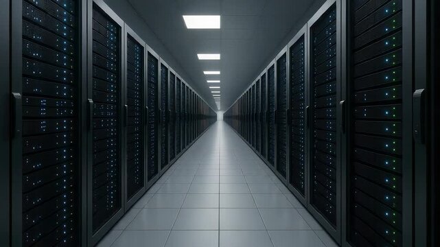 Long corridor of dark server racks with blue indicator lights in data center