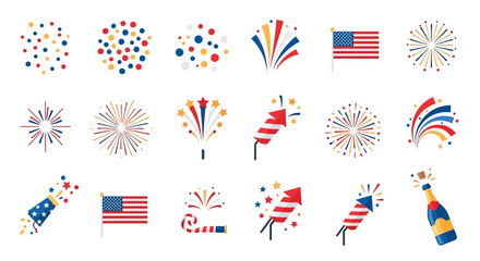 Fototapeta premium American Independence Day Fireworks Icons.
