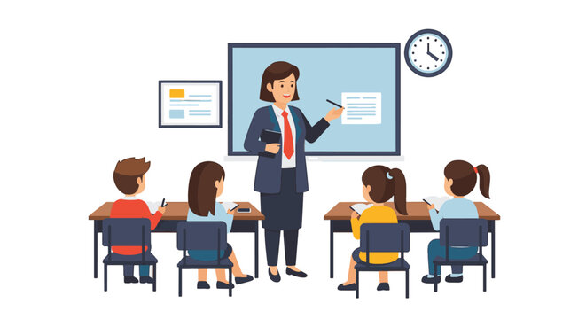 Flat design vector illustration of a teacher standing by a chalkboard in a classroom setting with school supplies and educational icons, professional character on white background.