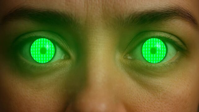 Close-up portrait of person with binary numbers reflected in eyes, offering futuristic, data-driven gaze