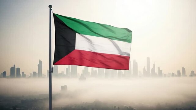Kuwaiti flag waving against a modern city skyline in the morning mist, representing national pride, Middle Eastern development, patriotism, and economic growth